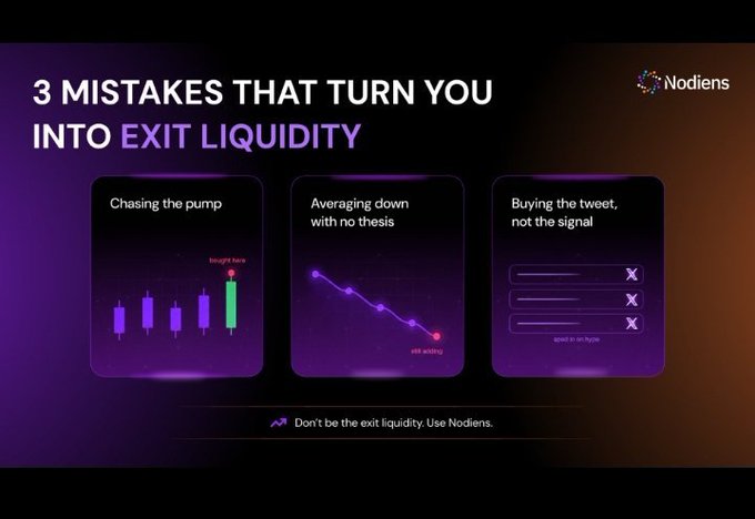 A dark purple infographic titled '3 MISTAKES THAT TURN YOU INTO EXIT LIQUIDITY' by Nodiens, showing charts for 'Chasing the pump', 'Averaging down with no thesis', and 'Buying the tweet, not the signal'.