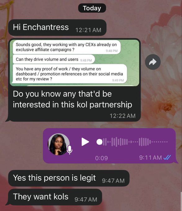 A WhatsApp chat conversation where someone asks about a KOL partnership and references a project called 'Enchantress,' with a voice message reply stating 'Yes this person is legit, They want kols.'