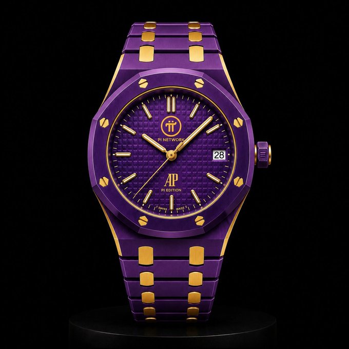 A luxury-style watch with a purple case and band featuring gold accents, branded 'AP PI EDITION' with 'PI NETWORK' on the dial and the Pi logo at 12 o'clock.