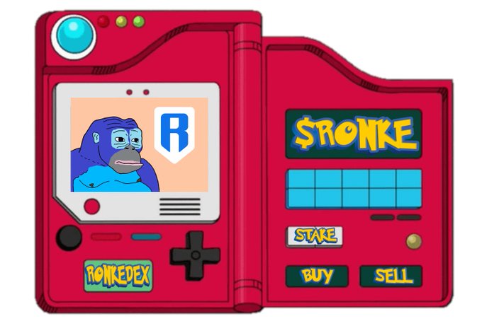 A cartoon illustration of a red Pokédex-style device labeled "RONKEDEX" displaying a Bored Ape NFT, with a side panel showing "SRONKE" and "STAKE," "BUY," and "SELL" buttons.