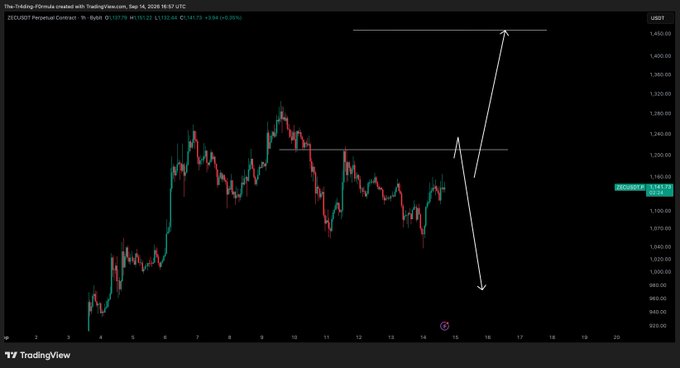 A TradingView ZEC/USDT perpetual contract chart on the 1-hour timeframe shows the price consolidating near $1,122.44 after a recent rally, with drawn projections pointing to a bullish continuation targeting $1,200 and then $1,350–$1,450, aligning with the post's stated upside targets.