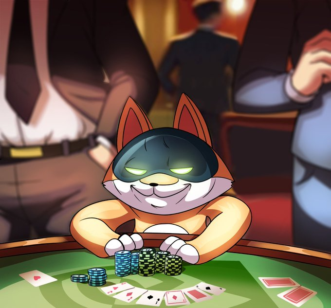 An illustrated cartoon of a fox wearing a black eye mask sitting at a poker table, smiling smugly while surrounded by poker chips and playing cards, with suited men standing behind.