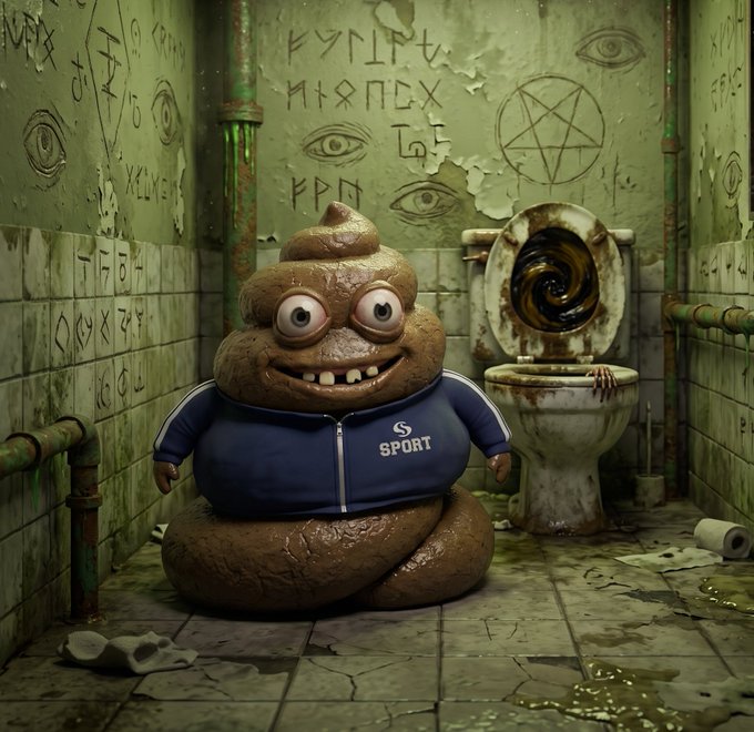 A cartoon poop character wearing a blue "SPORT" jacket stands in a grimy, run-down bathroom filled with occult symbols and a filthy toilet.