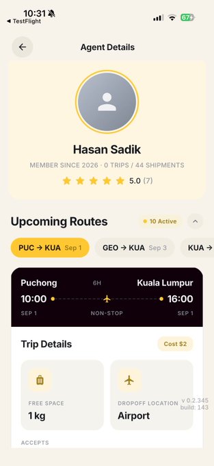 Screenshot of the MovitOn P2P app's "Agent Details" page showing courier Hasan Sadlik's profile with a 5.0 rating (7 reviews), 0 trips, 44 shipments, and an upcoming non-stop route from Puchong to Kuala Lumpur on Sept 1 (10:00–16:00) with 1kg free space accepted, illustrating the platform's transparent courier matching and route visibility mentioned in the post.