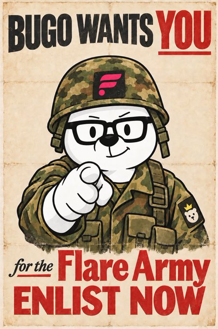 A vintage-style recruitment poster reading 'BUGO WANTS YOU for the Flare Army ENLIST NOW,' featuring a white cartoon character in military camouflage pointing at the viewer.