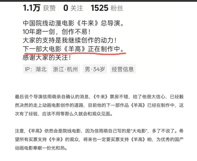 A Chinese social media screenshot showing director Xin Yu Meng's profile announcing his next animated film "Yang Gao" (羊高) after his successful debut "Niu Lai" (牛来), with 1.1万 likes and 1525 followers, tied to a post comparing animal-themed projects ("YGG" = cow, "Sheep High" = sheep).