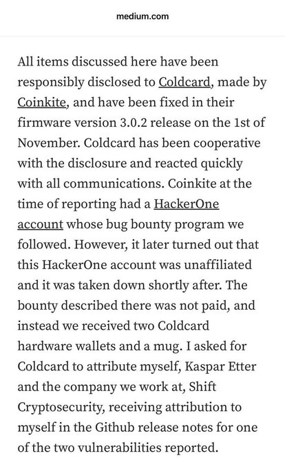 A screenshot from a Medium.com article discussing the responsible disclosure of security vulnerabilities to Coldcard (made by Coinkite), which were fixed in firmware version 3.0.2 released on November 1st, noting that the researcher Kaspar Etter from Shift Cryptosecurity received attribution but was not paid a bounty.

Note: The image shows text about a security vulnerability disclosure process—not Bitcoin recovery services—and the "#BitcoinRecovery" hashtag in the accompanying post appears to be unrelated clickbait or a misleading tag, as the content concerns cybersecurity research on hardware wallets rather than cryptocurrency recovery.