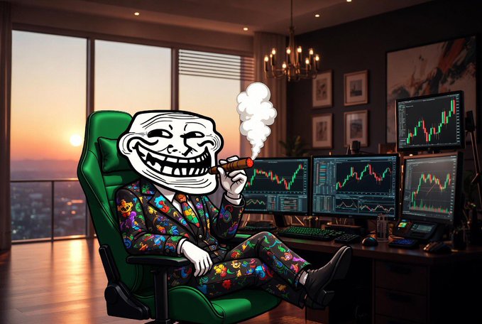 The image features a cartoon character wearing a suit, sitting in an office chair with a computer monitor behind him. He has a cigarette in his mouth and appears to be smoking while looking at the screen of one of the monitors. The background shows a window overlooking a cityscape, suggesting that he is in an urban setting. The post caption reads "GM Especially if you love memes $TROLL".