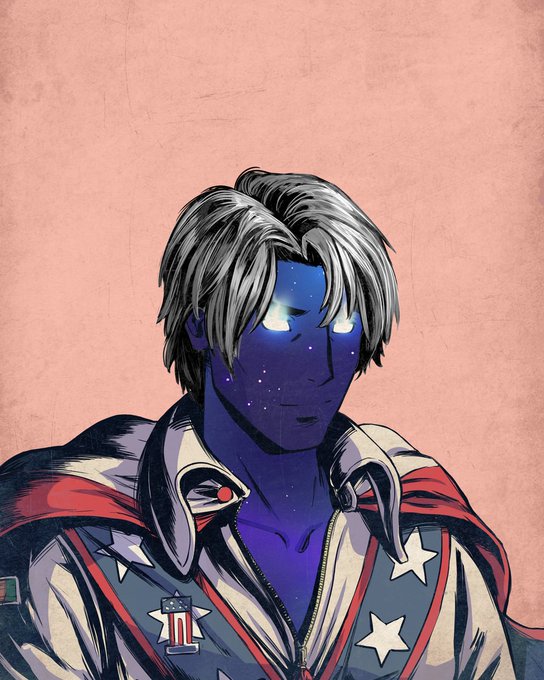 Stylized digital illustration of a character with gray hair, glowing white eyes, and blue starry-patterned skin, wearing a white jacket with stars and red accents on a peach background.