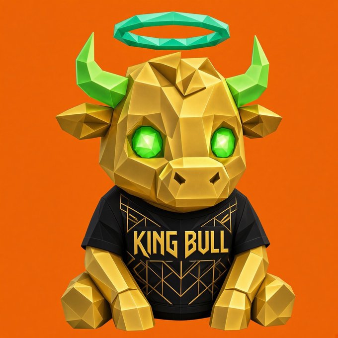 A 3D illustration of a golden bull character with green glowing eyes, green horns, and a green halo, wearing a black shirt that says 'KING BULL', set against an orange background.