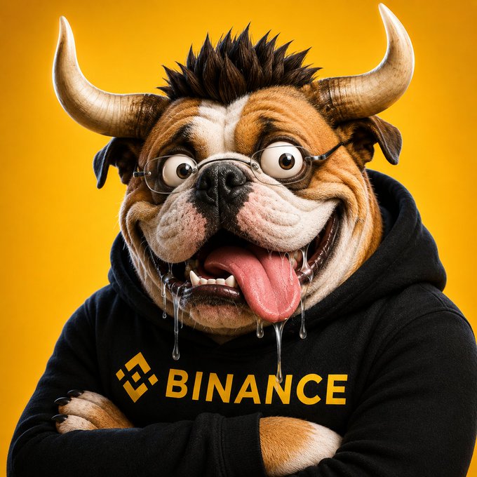 An AI-generated image of a bulldog with horns wearing glasses and a black Binance hoodie, with drool dripping down, against a yellow background.