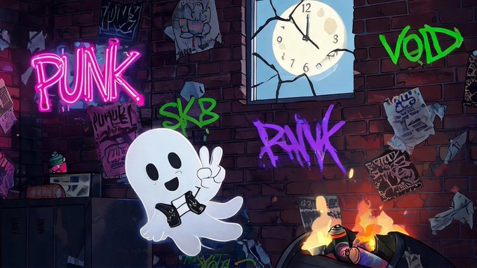 A cartoon ghost wearing a seatbelt floats in a graffiti-covered brick room featuring neon signs reading 'PUNK' and a window showing a full moon with clock hands.