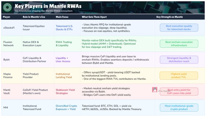 A table titled "Key Players in Mantle RWAs" listing six ecosystem participants—xStocksFi, Fluxion Network, Bybit, Maple Finance, Mantle Vault, and M4—with columns detailing their role, main focus, what sets them apart, and key strength, illustrating how Mantle's CeDeFi model builds a distribution layer by partnering with CeFi leaders like Bybit alongside onchain venues like Fluxion and yield providers such as Maple Finance and Mantle Vault.