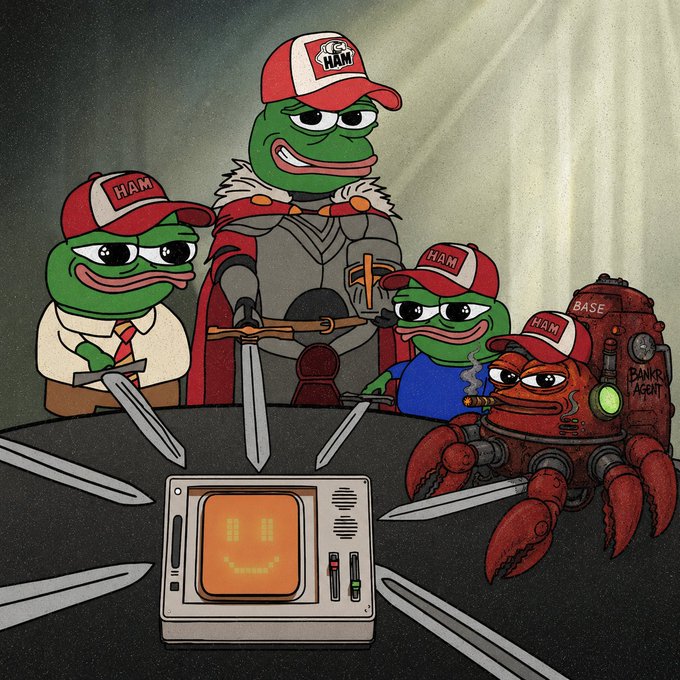 The image features a cartoon of a group of cartoon frogs sitting around a table with swords, knives, and a television set. One frog has a red hat on his head and another one has a blue hat. The scene appears to be a gathering or meeting where they are discussing something related to the post that says "$BNKR".