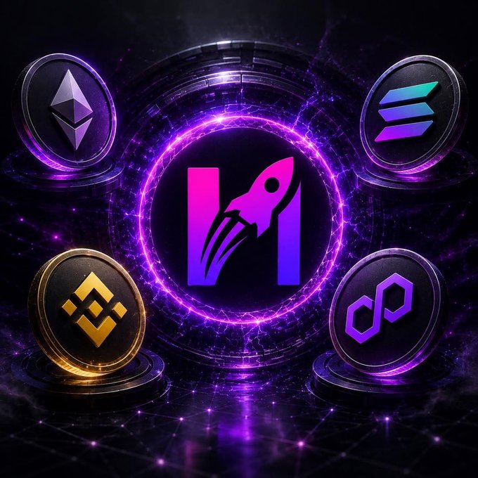 A glowing purple portal with a rocket logo and the letter "H" sits at the center, surrounded by four cryptocurrency coins—Ethereum, Solana, Binance, and Polygon—floating on pedestals. The image visually presents the quiz's multiple-choice options for guessing which blockchain powers Hype Network, with Polygon displayed alongside the other major networks.