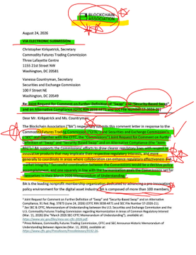 A heavily marked-up letter from the Blockchain Association to the SEC and CFTC, dated August 24, 2026, proposing a joint regulatory framework for stock perpetuals (perpetual futures contracts), with red annotations circling key phrases like "STOCK PERPETUALS" and highlighting language comparing the request to a "dog begging for its owner to put a leash on it."