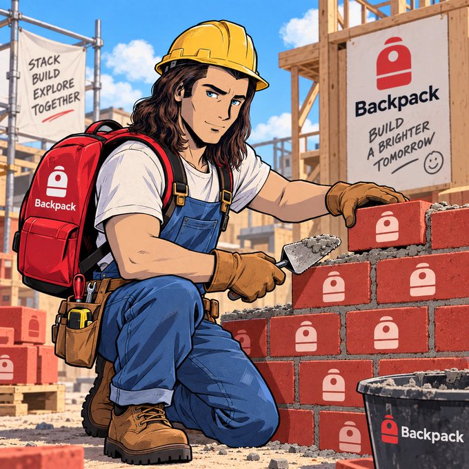 A construction worker wearing a yellow hard hat and a red "Backpack" branded backpack lays a brick next to a wall plastered with Backpack logos, with banners reading "Stack Build Explore Together" and "Build a Brighter Tomorrow." The image serves as a visual metaphor for the post's message of "laying another brick" to build the Backpack (BoB) project, symbolizing steady progress and construction of the platform.