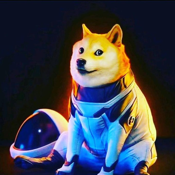 The image features a yellow dog wearing a blue spacesuit, sitting next to a white helmet with a purple glow. The background of the image is black, which contrasts with the bright colors of the dog's outfit and the helmet. The caption "$DOGE To The Moon Mood Activated." suggests that this image might be related to a space-themed event or promotion, possibly for an advertisement or promotional material.