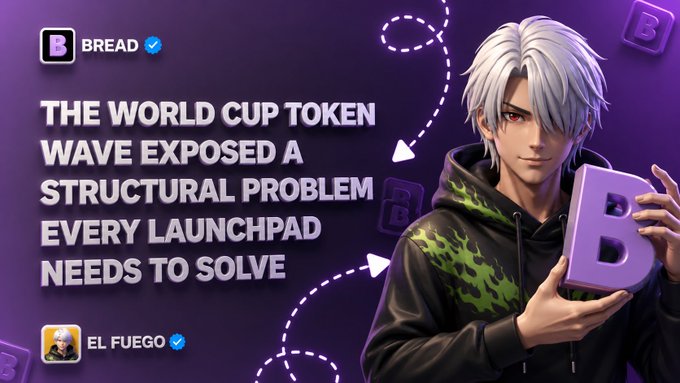 A graphic for 'BREAD' (with a blue checkmark) featuring an anime-style character holding a purple 'B' block, with the text 'THE WORLD CUP TOKEN WAVE EXPOSED A STRUCTURAL PROBLEM EVERY LAUNCHPAD NEEDS TO SOLVE' and a tag 'EL FUEGO'.