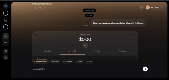 A dark-themed UI screenshot of the OroSwap crypto interface showing a portfolio balance of $0.00, tabs for Yield, LP, Staking, and Tokens, and a message field for the AI assistant.