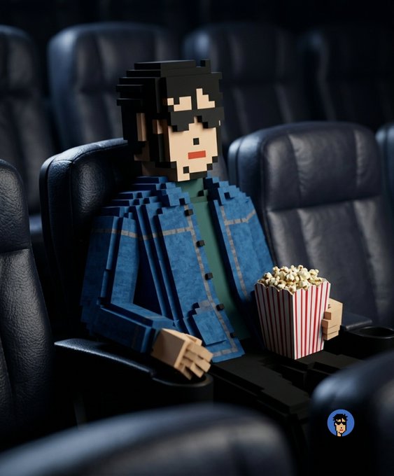 A pixel-art character sits alone in a dark movie theater, holding a striped box of popcorn while looking toward the screen, capturing a relaxed weekend vibe. The image pairs with the post about enjoying the weekend while eagerly awaiting two anticipated NFT mints.