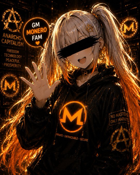 An anime-style illustration of a white-haired character wearing a black hoodie with Monero (XMR) branding, set against a fiery orange background with text like 'ANARCHO-CAPITALISM' and 'GM MONERO FAM'.