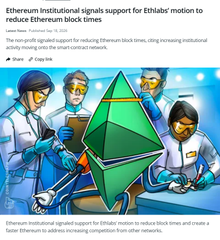 A graphic shows scientists in hazmat suits working on the green Ethereum logo, with a headline reading 'Ethereum Institutional signals support for ETHlobby' motion to reduce Ethereum block times'.