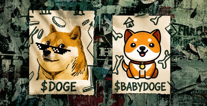 The image features two illustrated posters on a weathered, grunge-style background—a Shiba Inu wearing pixelated sunglasses labeled "$DOGE" and a cute cartoon Shiba puppy with a bone and collar labeled "$BABYDOGE." This visual supports the caption by highlighting $BABYDOGE alongside its predecessor $DOGE, suggesting the newer, cuter canine meme coin is gaining momentum in the crypto space.