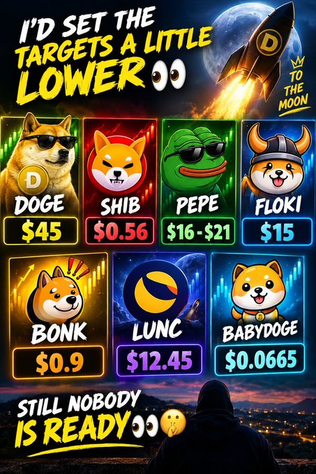 A meme-style cryptocurrency price graphic with the text 'I'D SET THE TARGETS A LITTLE LOWER' and 'STILL NOBODY IS READY,' displaying target prices for DOGE ($45), SHIB ($0.56), PEPE ($16-$21), FLOKI ($15), BONK ($0.9), LUNC ($12.45), and BABYDOGE ($0.0665).