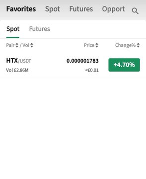 A trading interface showing the HTX/USDT spot pair priced at 0.00001783 with a +4.70% change and 2.86M volume.