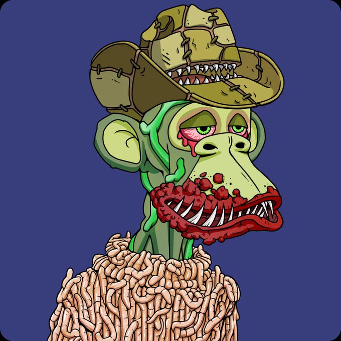 The image features a cartoon monkey wearing a hat, with its mouth open wide as if it's speaking or making a funny face. The monkey appears to be wearing a hat that has a skull design, giving it a scary appearance. The background of the image is blue, which contrasts with the brown and green colors of the monkey's outfit. There are also some text elements in the image, including "如果你是讲中文的猴子。但我没有follow你，那是我的问题。请留言我 follow 也是猴子吗? bored ape yacht club bayc.com/0x10255709d83f". The monkey's position and the presence of text create a humorous and intriguing scene, which may be related to the post about following someone on social media.