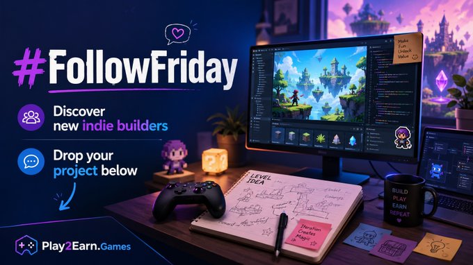A promotional graphic for '#FollowFriday' by Play2Earn.Games encourages discovering new indie builders, featuring a gaming desk setup with a monitor, controller, and sketches.