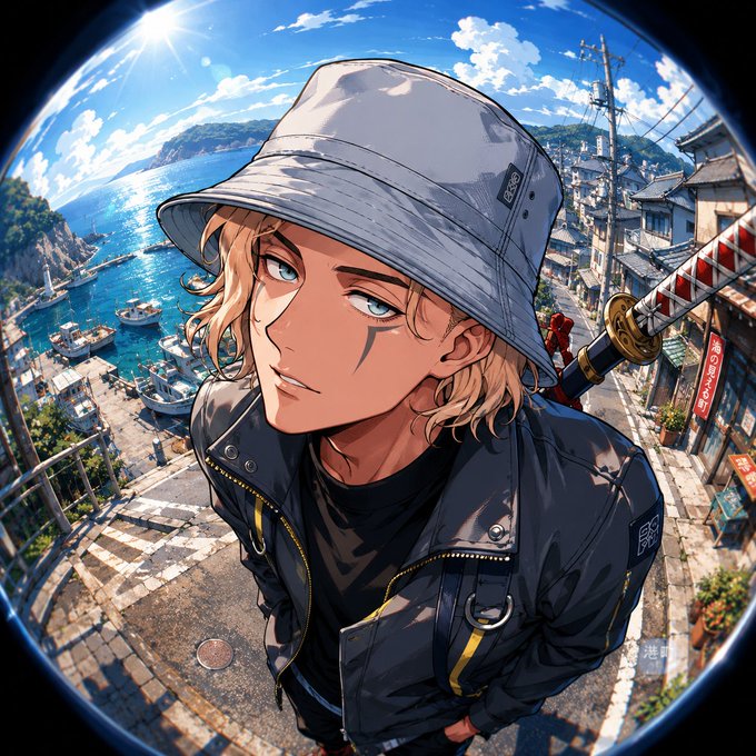 An anime-style illustration of a blonde character wearing a gray bucket hat and a black jacket, carrying a sword on their back, with a coastal town and ocean harbor in the background.