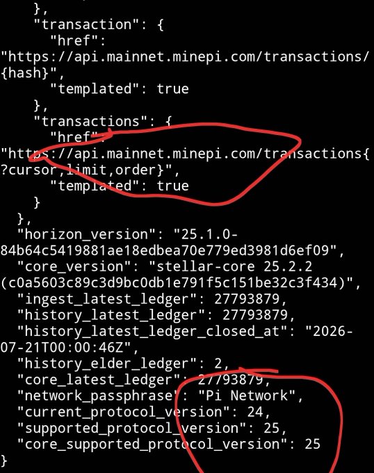 A screenshot of JSON API response from api.mainnet.minepi.com showing core_latest_ledger at 27793879, current_protocol_version: 24, supported_protocol_version: 25, and core_supported_protocol_version: 25, with red circles highlighting the transactions endpoint and version numbers, visually confirming that the Pi Network node is prepared for the v25 protocol upgrade.