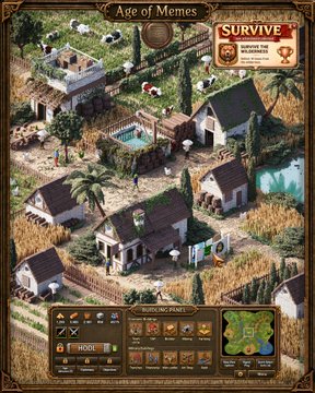 Screenshot of the video game "Age of Memes" showing an isometric village with houses, a pool, and wheat fields, with UI text including "SURVIVE" and "FLOOD."