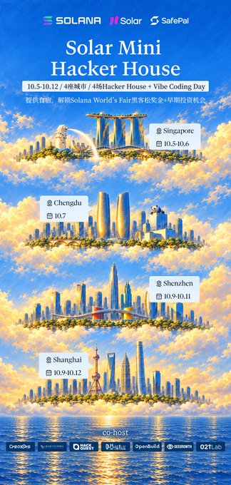 Promotional poster for the 'Solar Mini Hacker House' co-hosted by Solana, Solar, and SafePal, listing four city stops: Singapore (10.5-10.6), Chengdu (10.7), Shenzhen (10.9-10.11), and Shanghai (10.9-10.12), with the event running 10.5-10.12 across 4 cities plus a Vibe Coding Day.