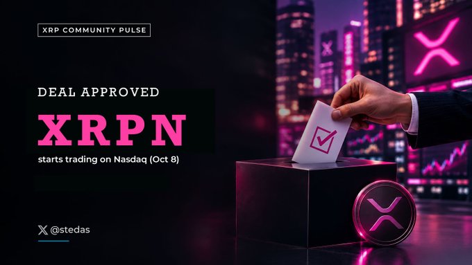 A promotional graphic featuring the XRP logo with text reading "XRP COMMUNITY PULSE", "DEAL APPROVED", "XRPN", and "starts trading on Nasdaq (Oct 8)".