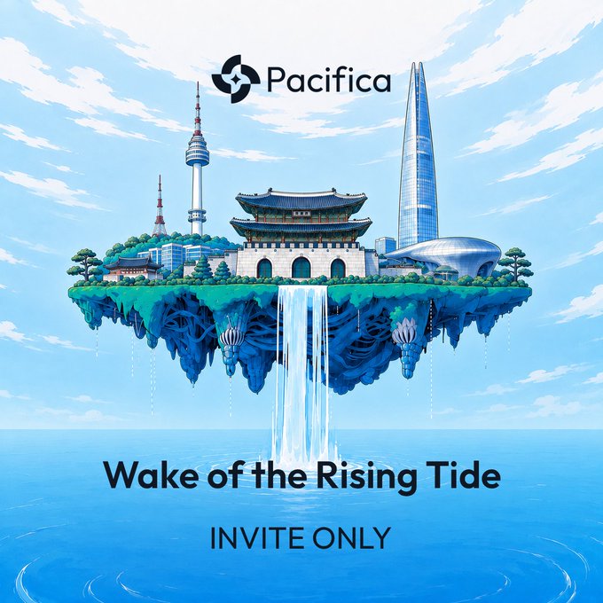 A floating island featuring Seoul landmarks like Namsan Tower and Gwanghwamun Gate emerges above the ocean with a waterfall cascading down, branded with the Pacifica logo and titled "Wake of the Rising Tide - INVITE ONLY," promoting an exclusive Pacifica meetup during KBW in Seoul.
