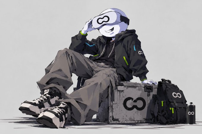 An anime-style illustration of a character wearing a VR headset and futuristic black jacket, sitting on a case with an infinity-like symbol, accompanied by a backpack and a spray can.
