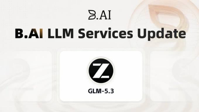 Promotional graphic for B.AI titled 'LLM Services Update' featuring a logo for GLM-5.3 in a central white panel.
