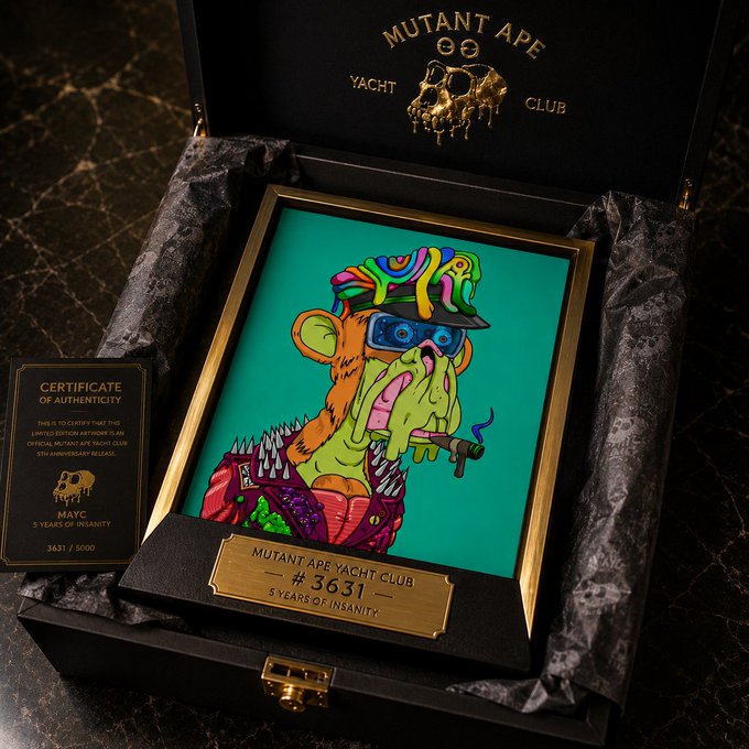 An open black presentation box displaying a framed cartoon artwork of a colorful mutant ape wearing sunglasses and smoking, labeled "MUTANT APE YACHT CLUB #3631," alongside a certificate of authenticity.