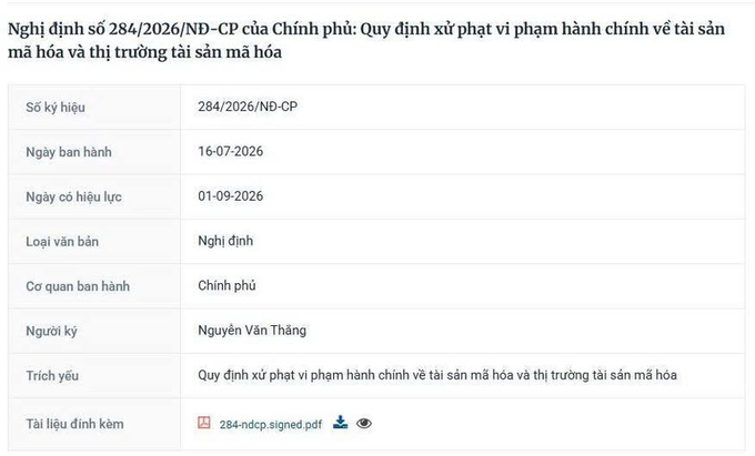 A Vietnamese government document page displaying Decree No. 284/2026/ND-CP regarding administrative penalties for cryptographic assets, signed by Nguyễn Văn Thắng, effective from 01-09-2026.