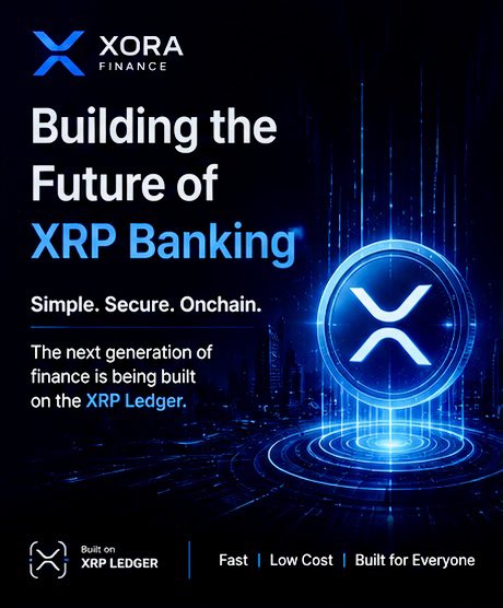 Promotional graphic for XORA Finance with the tagline 'Building the Future of XRP Banking - Simple. Secure. Onchain.' featuring a glowing XRP logo.
