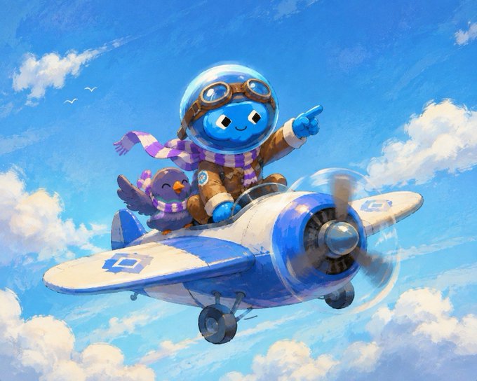 A colorful illustration of a cute blue character wearing aviator goggles and a scarf, flying a small airplane through clouds alongside a small bird.