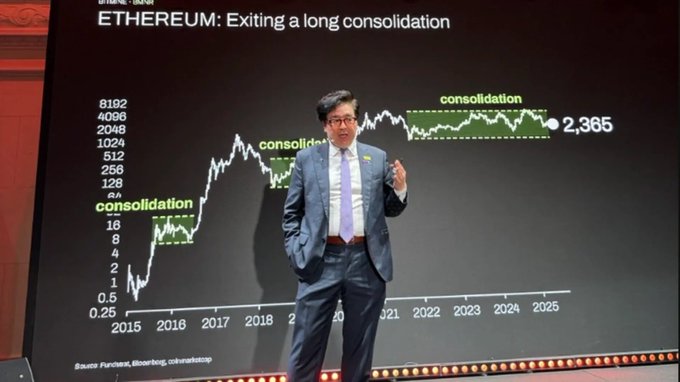 A man in a suit and glasses giving a presentation in front of a large screen displaying a Bitcoin price chart titled 'ETHEREUM: Exiting a long consolidation' with years from 2015 to 2025.