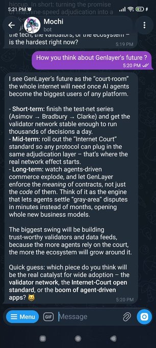 A Telegram chat screenshot featuring a bot named 'Mochi' discussing GenLayer's future as an AI agent-powered 'court-room' for the internet, with detailed short-term, mid-term, and long-term predictions.
