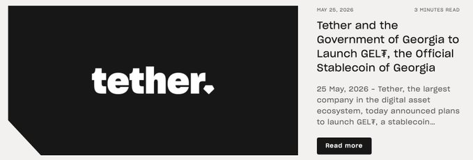 The image shows a black and white banner that reads "Tether Collaborates with the Government of Georgia to Launch Official Stablecoin GEL". The banner also includes a photo of a logo for the stablecoin, which is located at the bottom right corner of the image.