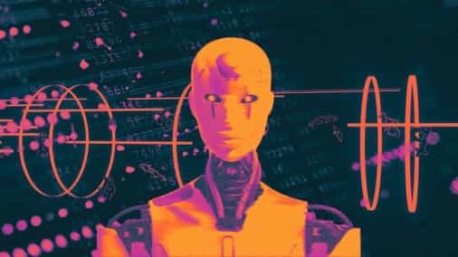 A stylized digital illustration of an AI-like humanoid figure with glowing orange tones against a dark background of financial data and tickers, visually representing the "HACK" of Allbridge Core, where a hacker exploited a $1.12M USDC flash loan to manipulate liquidity pools and steal approximately $1.65 million.