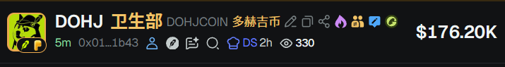 The image shows a cryptocurrency tracking interface for $DOHJ (DOHJCOIN/多吉币) with a market cap of $176.20K, displaying its contract address (0x01...1b43) and other metrics, which matches the accompanying post expressing surprise at the token's activity from foreign buyers.