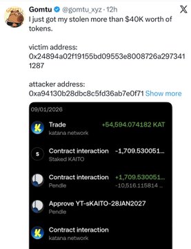The image shows a tweet from user @gomtu_xyz reporting the theft of over $40K worth of tokens from their wallet, displaying a victim address (0x24894a02f1915bdbd09553e8008726a297341287) and an attacker address (0xa94130b28dbc8c5fd36ab7e07f...), along with a transaction history showing KATO token trades and contract interactions on Katana network dated 09/01/2026.

The post relates to the image as it serves as a real-world example warning about the very type of crypto wallet hacks being referenced in the tweet—demonstrating how easily funds can be drained and emphasizing the need for security measures like checking contract approvals before signing.